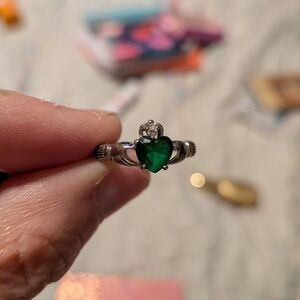 Silver and Green Heart Ring with Crown Detail